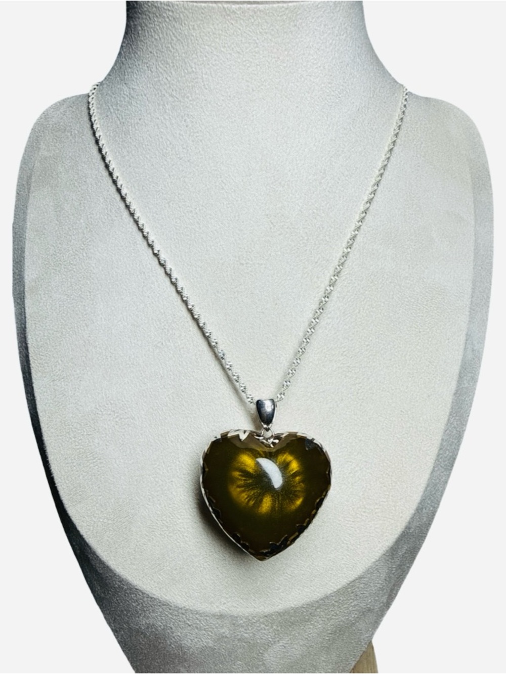 Alan K Olive-Toned Heart Glass Pendant on Silver Chain